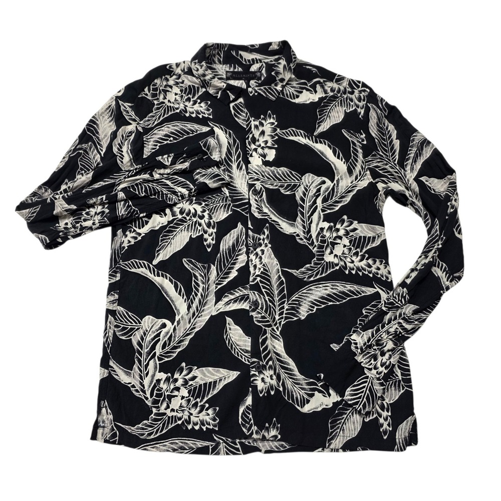 AllSaints Mens M Black White Floral Leaf Print Long Sleeve Button Down Shirt